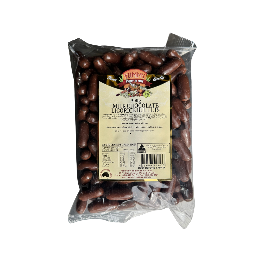 Yummy Milk Chocolate Licorice Bullets 500g BAG