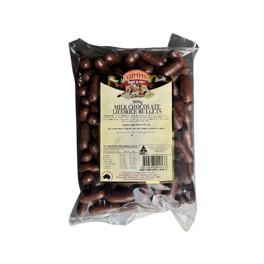 Yummy Milk Chocolate Licorice Bullets 500g BAG
